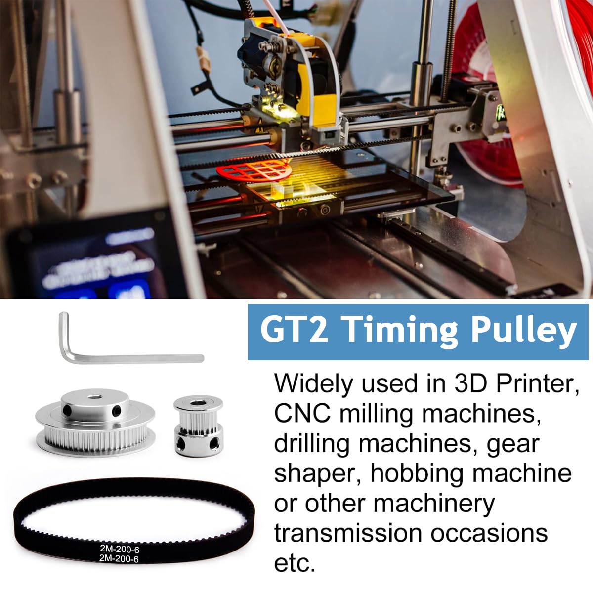 Serplex Synchronous Wheel For 3D Printer Timing Pulley Printer Timing Gear for 3D Printer with FDM Tech 20 & 60 Teeth 8mm Bore, Aluminum Timing Pulley with Length 200mm x6mm Belt