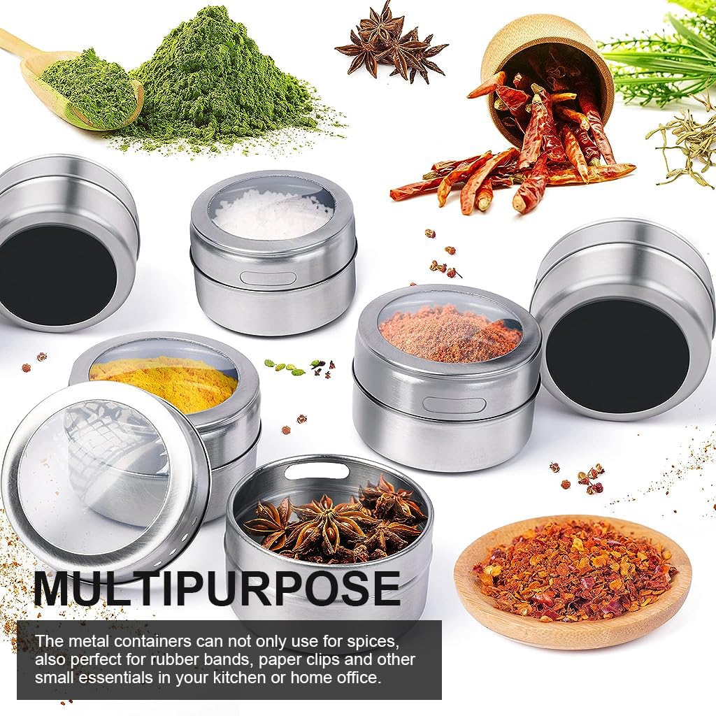 HASTHIP 6Pcs Stainless Steel Spice Box for Kitchen, Masala Box Masala Container with Clear Lid, Seasoning Dispenser for Salt, Pepper, Spices, Herbs, Blends Seasoning Container with Metal Storage Rack