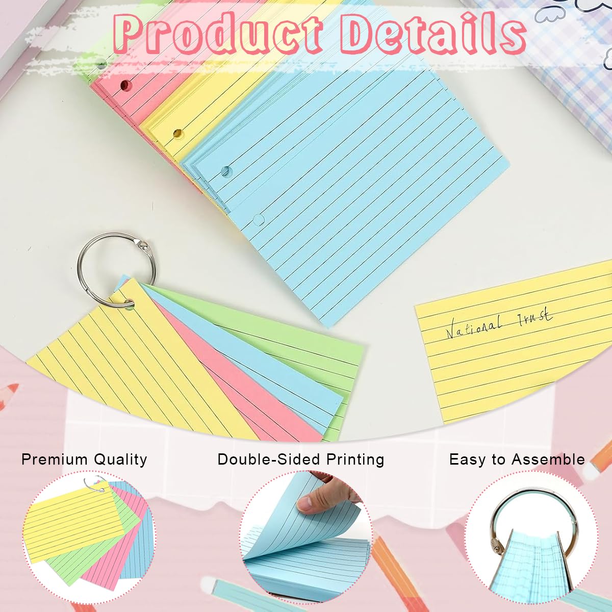Climberty 200 Sheet Flashcards Papers 3x5 Inches 4-Color Ruled Bulk Color Flashcards Papers with Binder Rings Smooth Writing Flashcards Paper for Noting, Learning, Presentation Prep