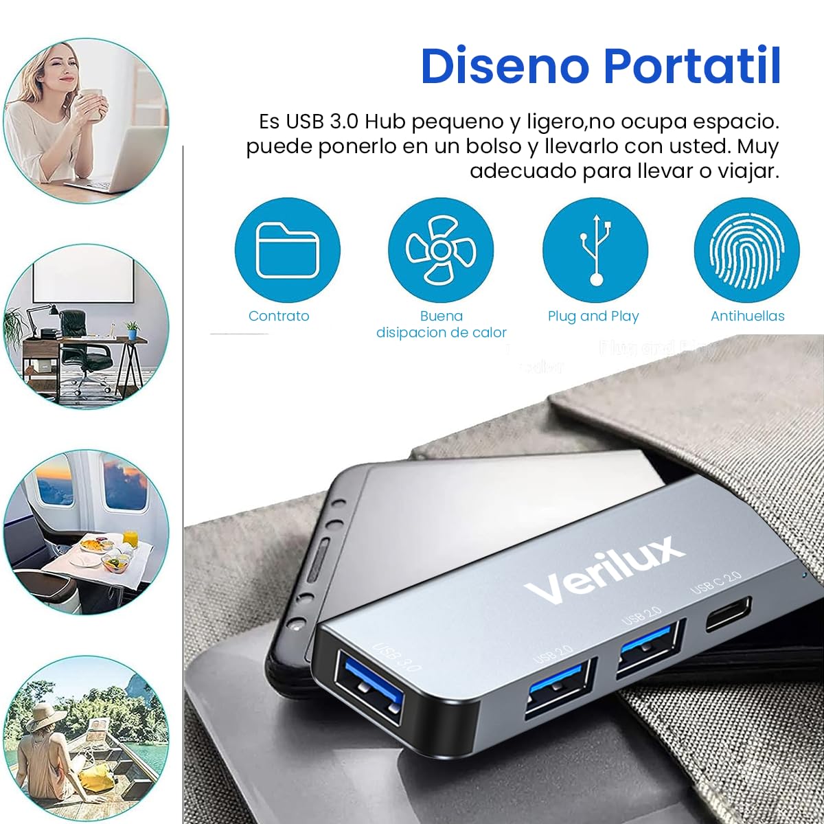 Verilux USB Hub 3.0 for PC Type C Hub 4 in 1 High Speed 3.0+2.0 Multi USB Port for Laptop & Type-C 2.0 Port 5Gbs Transfer Speed USB Extender Multiple USB Connector for MacBook Air/Pro M1/M2, iPad Pro