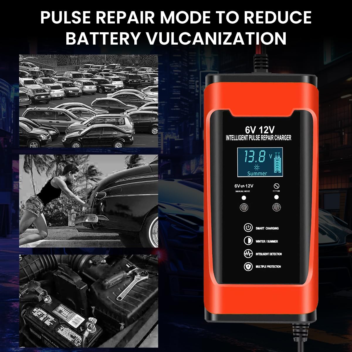 Verilux® Car Battery Charger 6A 12V Automatic Battery Charger with Battery Repair Mode EU Plug & Play Smart Battery Charger with LCD Display, Safe Battery Charger for Car, Lawn Mower, RV