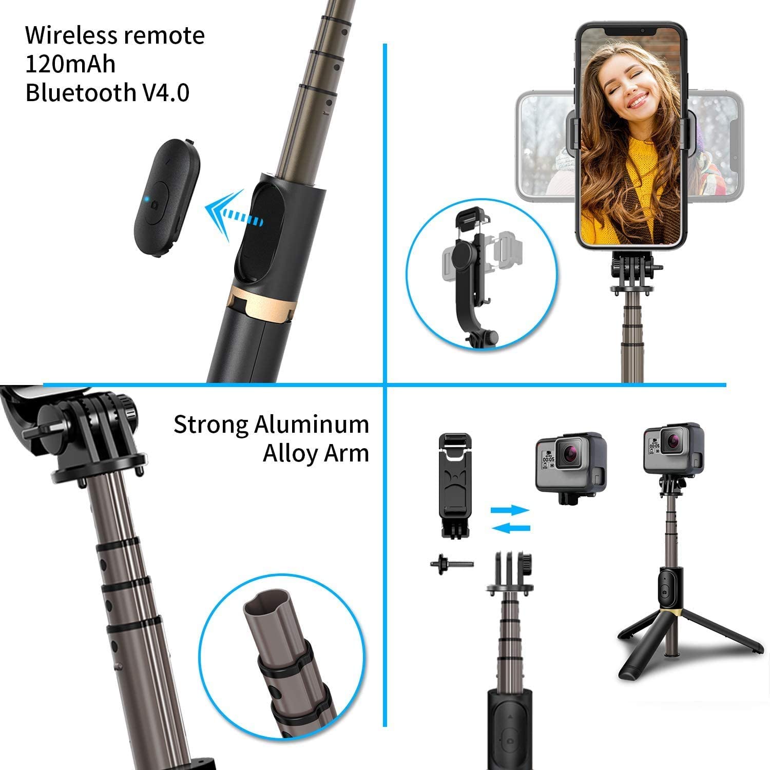 Verilux Bluetooth Extendable Selfie Stick,Mini 3 in 1 Aluminum Detachable Phone/Camera Selfie Stick with Wireless Remote& Tripod for All Smart Phones--7.48inch Upgrade Selfie Stick