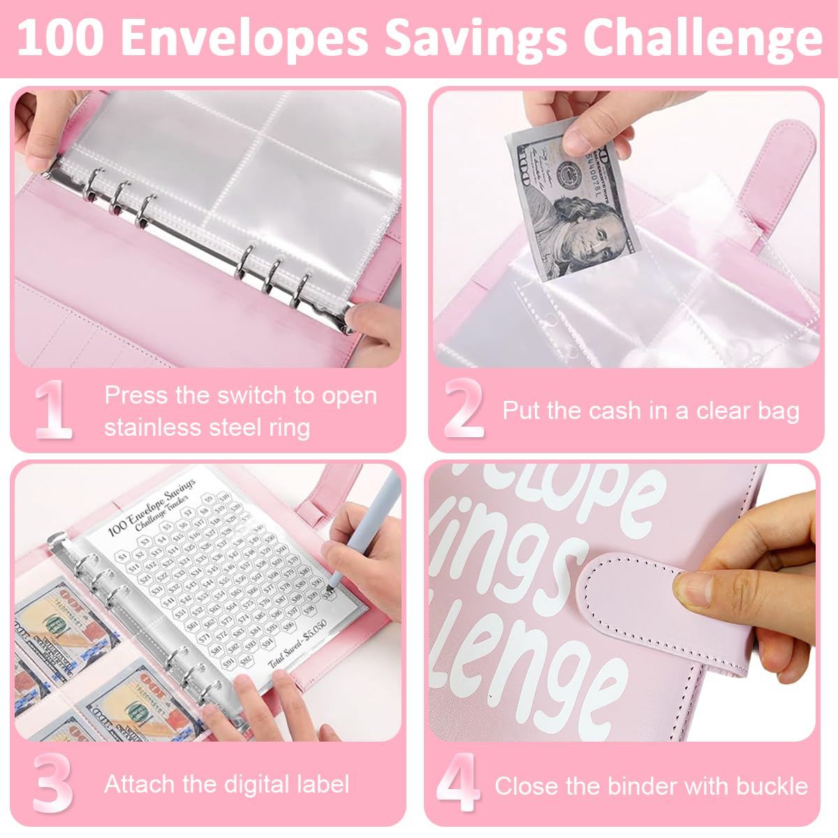 HASTHIP Money Saving Planner A5 Budget Binder 100 Days Money Saving Plan Binder with 100 Cash Envelopes Money Saving Budget Binder for Planning and Saving, Pink