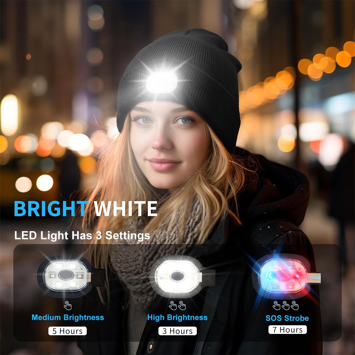 GUSTAVE Winter Cap for Men Women Illuminated Beanie Cap with Forehead Lamp USB Rechargeable Winter Soft Fleece Knitted Cap for Riding, Night Running, Black
