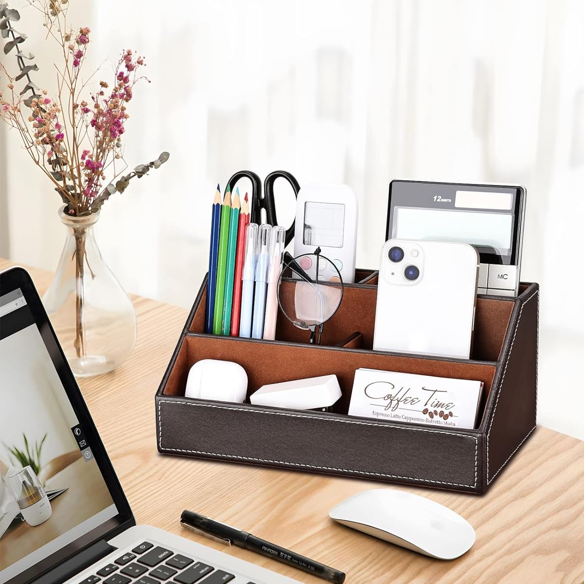 Climberty Pu Leather Desk Organizer with 5 Compartments Holder, Multi-Functional Office Supplies Storage Caddy for Pen/Pencil, Phones, Remote Controller and Desktop Accessories Brown (24x13.5x12cm)