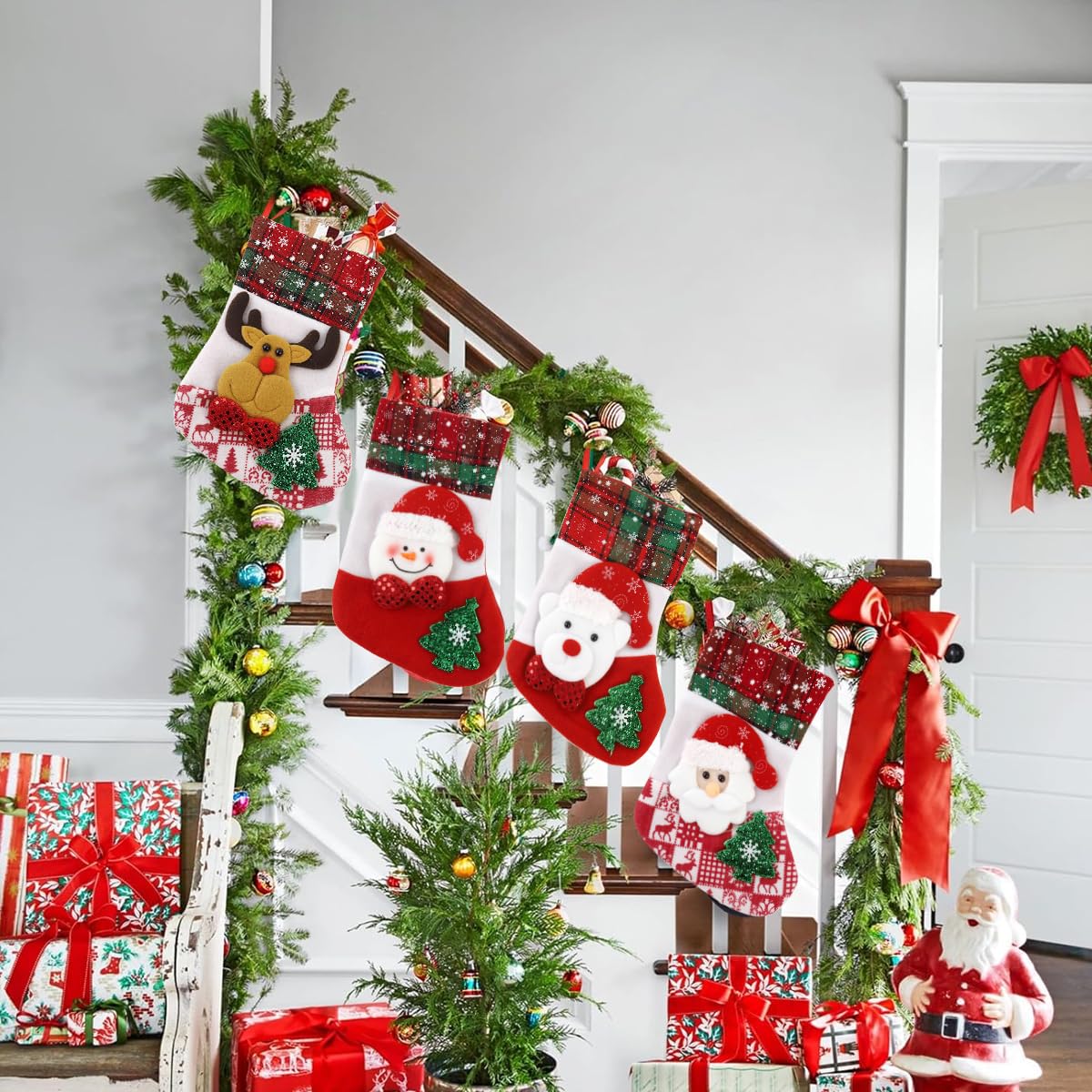 HASTHIP 4pcs Red Christmas Stocking 9.8 inch Christmas Gift Stocking with 4 Designs Hanging Christmas Stockings Gift Christmas Stocking Christmas Stocking for Window, Christmas Tree, Door