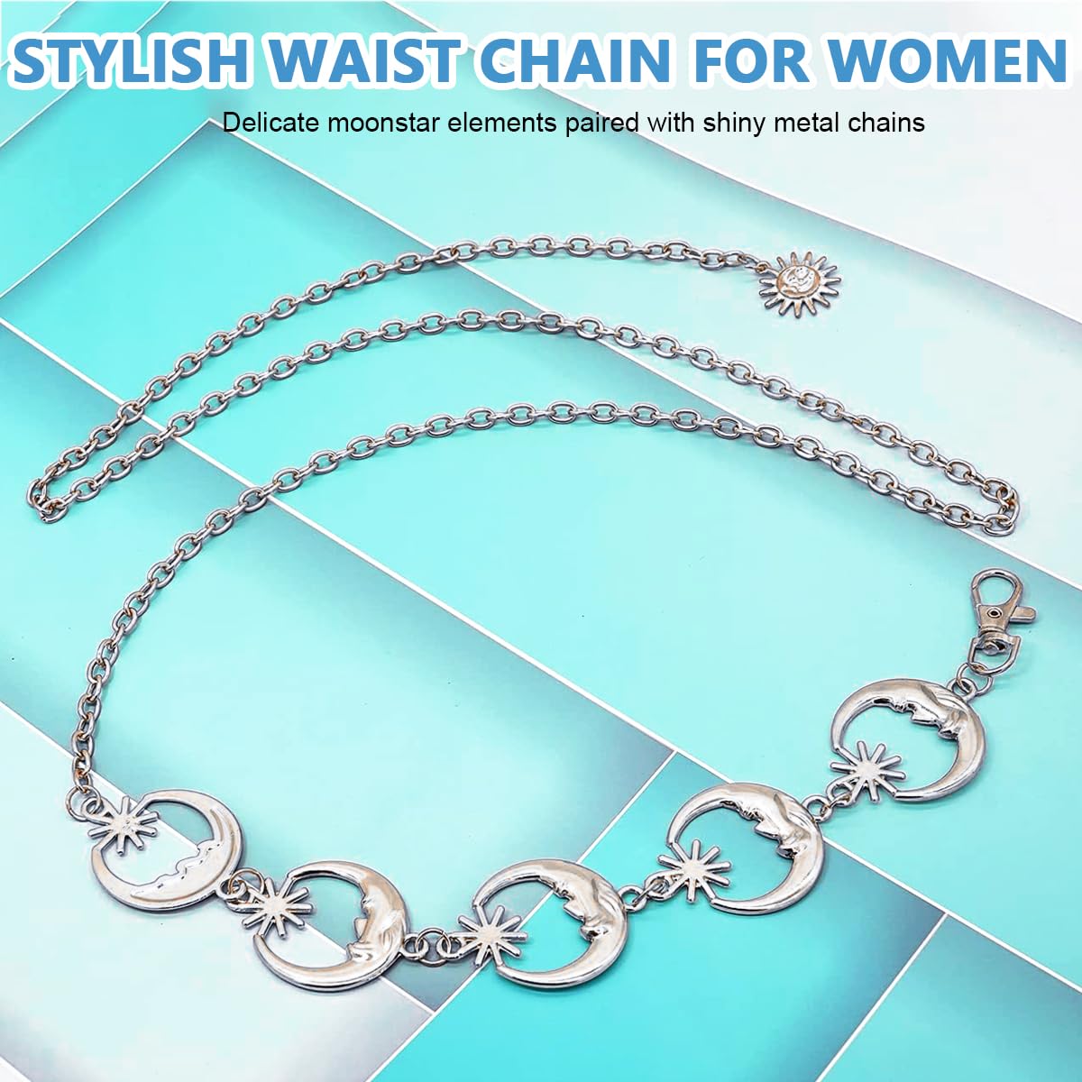 PALAY Woman Waist Belt Moon Star Metal Chain Belt for Women Stylish Ladies Belly Belt Accessories for Blazer, Suit, Dress, Jeans, Gown (Silver)