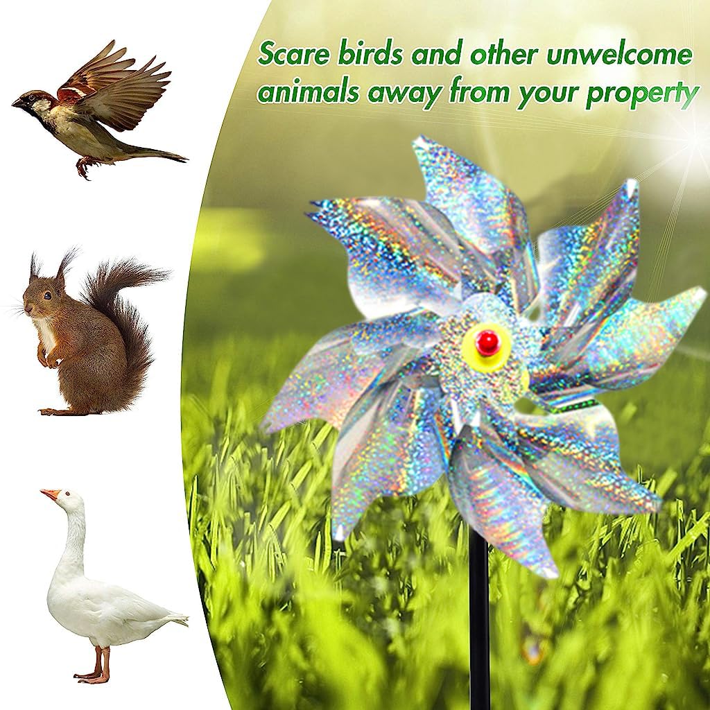 Optifit 5Pcs Bird Repellent for Balcony, Silver Reflective Pinwheels Pigeon Scarer, Ornamental 8-Blade Windmill Anti Bird Device for Roof Edge, Fence, Garden Yard Lawn
