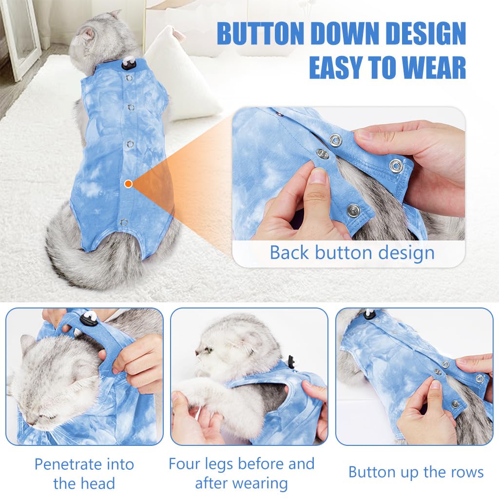 Qpets Cat Clothes, Kitten Clothes for Cats Recovery Suit After Surgery for Abdominal Wounds, Fashion Blue Tie-dye Cat Clothes for Summer Cat Everyday Clothing Sterlization Suit (M, Blue)