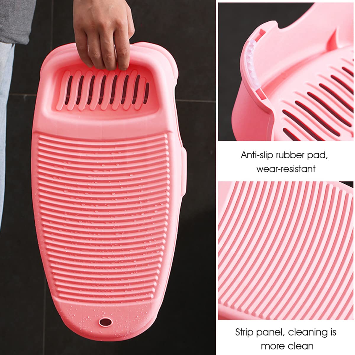HASTHIP Washboard for Washing Clothes Anti-Slip Hand Wash Board with Soap Holder Clothes scrubbing tub Pad Hangable Laundry Board for Underwear Kid Clothes 44 * 21cm (Pink)