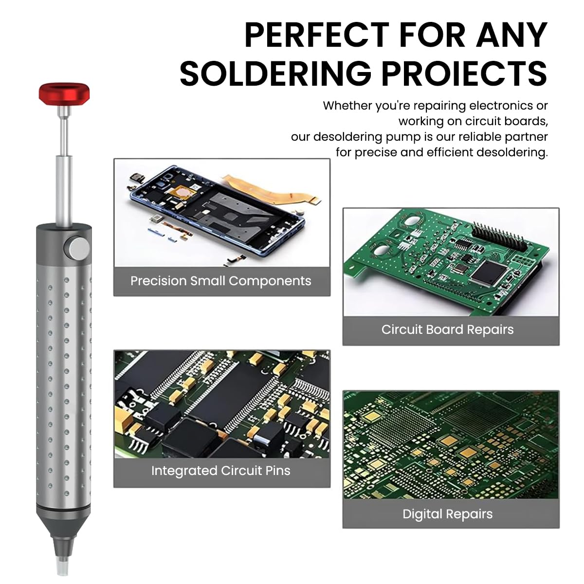 Serplex Solder Sucker Tool with 2Pcs Cuttable Silicone Nozzle Tubes Aluminum Alloy Solder Sucker Sold Removal Tool Manual Vacuum Suction Heat-Resistant Silicone Nozzle Soldering Iron Supplies