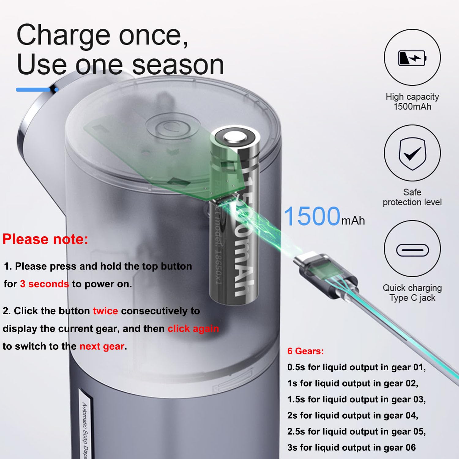 HANNEA Soap Dispenser for Bathroom, Automatic Foaming Handwash Dispenser, 320ml 1500mAh Rechargeable Touchless Waterproof Shampoo Hand Foam Wash Dispenser with 6 Adjustable Bubble Levels(White)