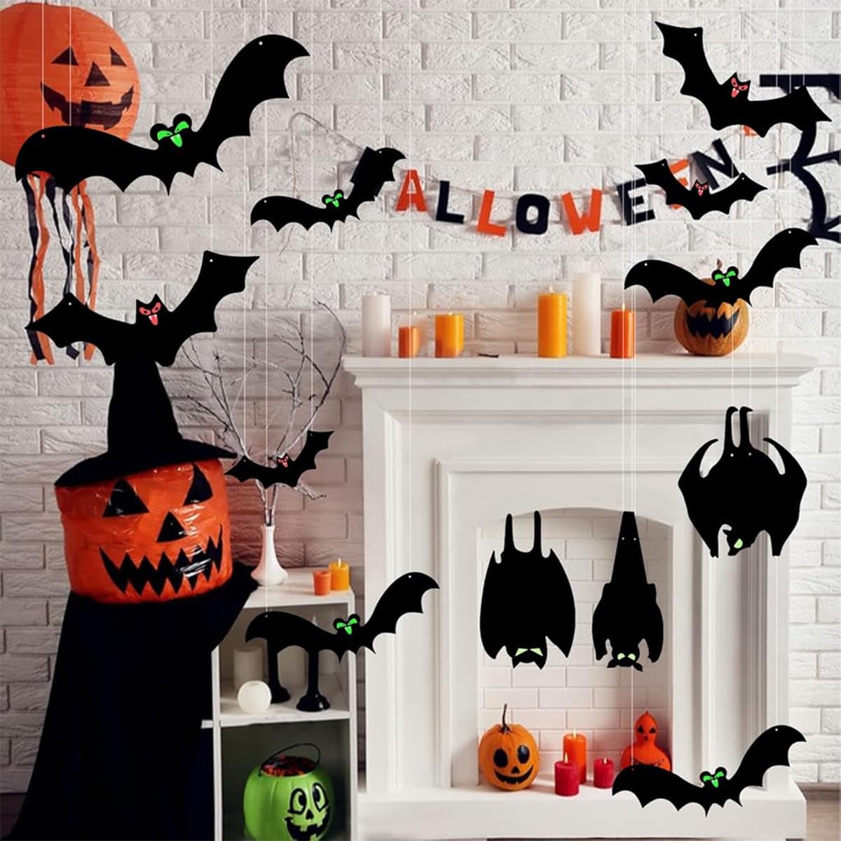 HASTHIP 13Pcs Halloween Home Decorations PVC Black Bats Silhouette with Glow-in-the Dark Eyes Halloween Tree Hanging Decoration Halloween Garden Decor Wall Hangings