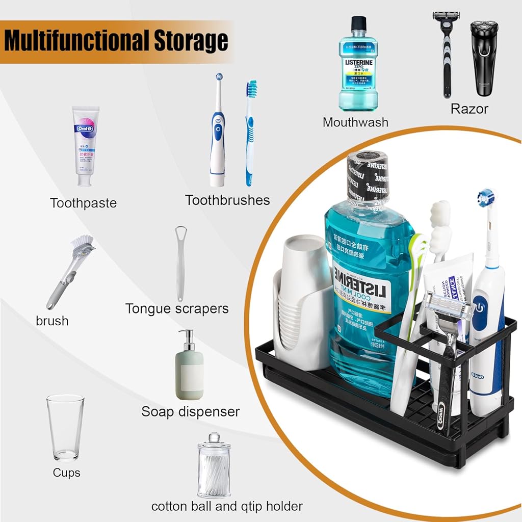 HASTHIP® Toothbrush Holder with Pull-Out Drip Tray, Water Cup Drain Organizer Rack for Bathroom, Modern Minimalist Metal Toiletries Stand, Multi-Grid Storage for Toothpaste & Cups, Durable, Black