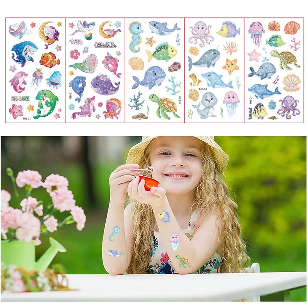 MAYCREATE Tattoo Sticker for Kids, 10 Sheet Glittering Temporary Tattoo, Cartoon Ocean Animals Fake Tattoos for Girls Boys Birthday Parties, Group Activities