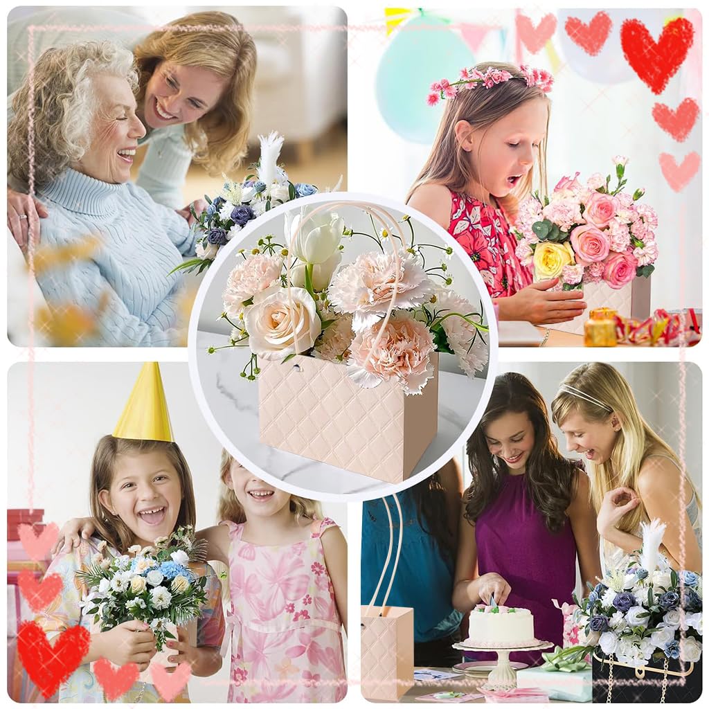 HASTHIP 6pcs Gift Packing Basket Paper Flower Basket with Handles Luxury 3D Embossing Flower Basket Flower Arrangement Basket Home Decoration Wedding Flower Basket(Not Included Flowers)