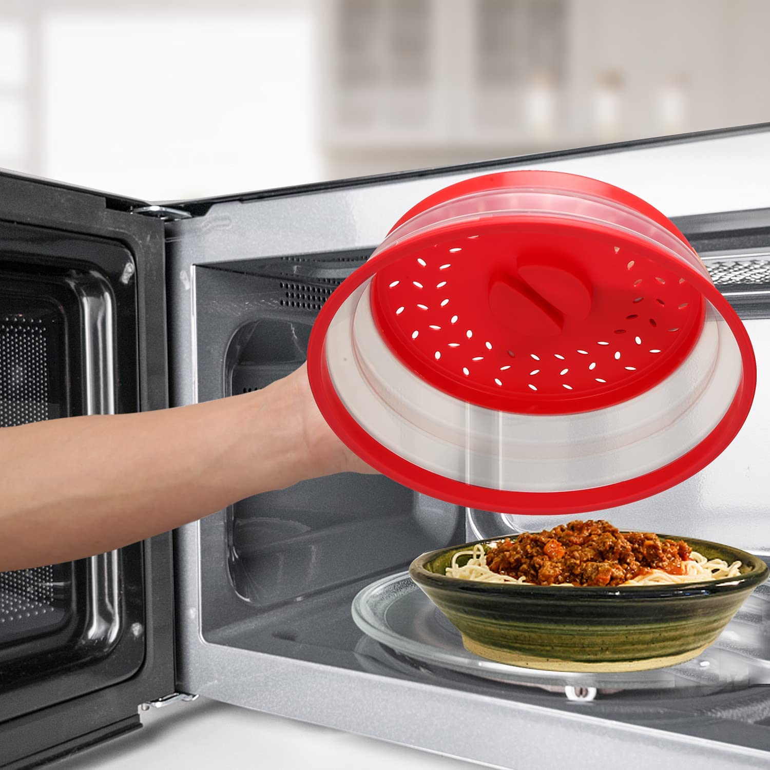 HASTHIP 10.5 inch Microwave Plate Cover, Collapsible Food Plate Lid with Top Steam Vent and Gripper, Strainer for Fruit, Microwave Lid Food Splatter Cover, BPA Free, Microwave Safe Material (Red)