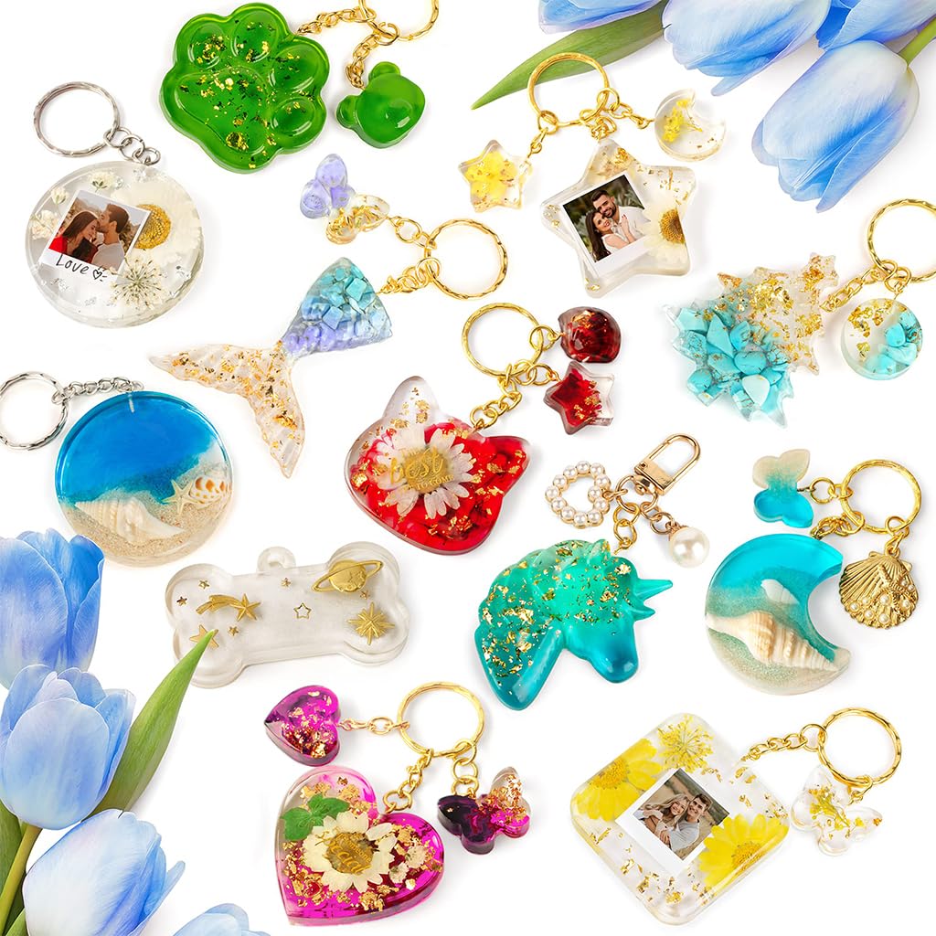 HASTHIP Resin Art Mold Kit DIY Resin Art Keychain Supplies Kit Assorted Silicone Molds with Multi Colors Glitters & Trinkets, Keychain DIY Resin Bag Charms DIY Handmade Resin Craft Kit