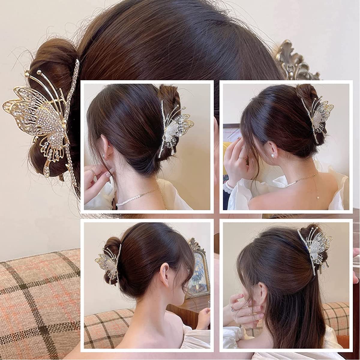 PALAY Butterfly Hair Claw Clips for Women Sparkly Rhinestone Large Clutchers for Hair Non-Slip Metal Hair Clips Strong Big Hair Jaw Clips Gift