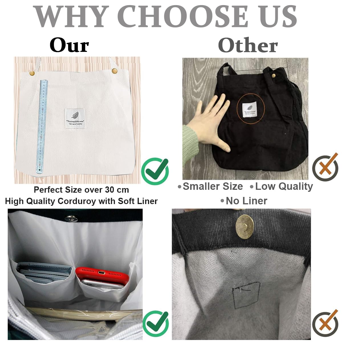 PALAY Tote Bag Corduroy Grocery Bag Large Hand Bag for Women Shopping Bag, Grocery Bag, Shoulder Bag for Shopping, Commuting