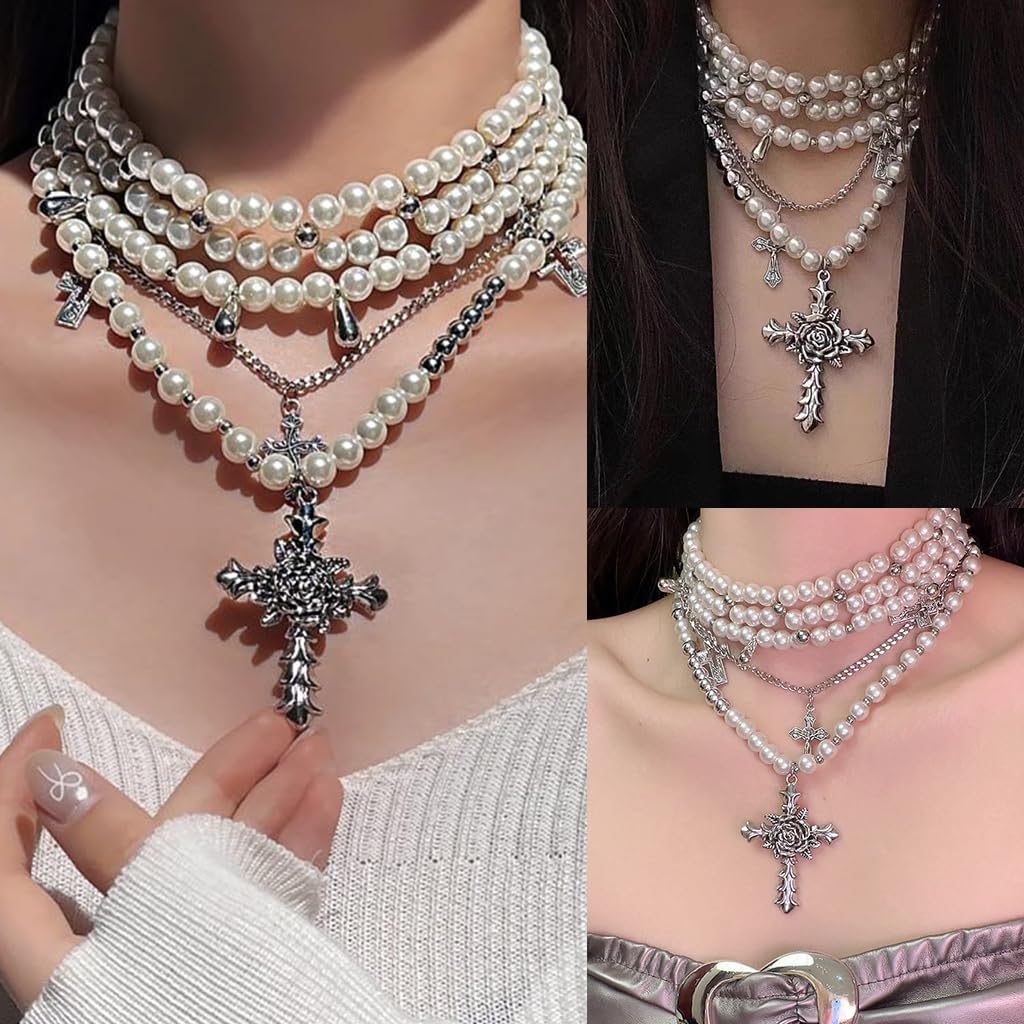 SANNIDHI Chic Necklace for Women Retro Baroque Rose Cross Pendent Layered Pearl Necklace Heavy Duty Faux Pearl Chain Necklace Layed Necklace Punk Rock Style Fashion Necklace