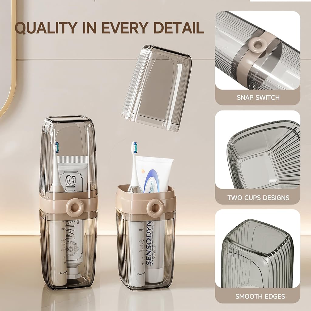 HASTHIP® Toothbrush Travel Case, 2 in 1 Tooth Brush Holder and Rinse Cup, Large Capacity Toothbrush Cup with Cover for Traveling, Camping, Trip - Beige & Clear