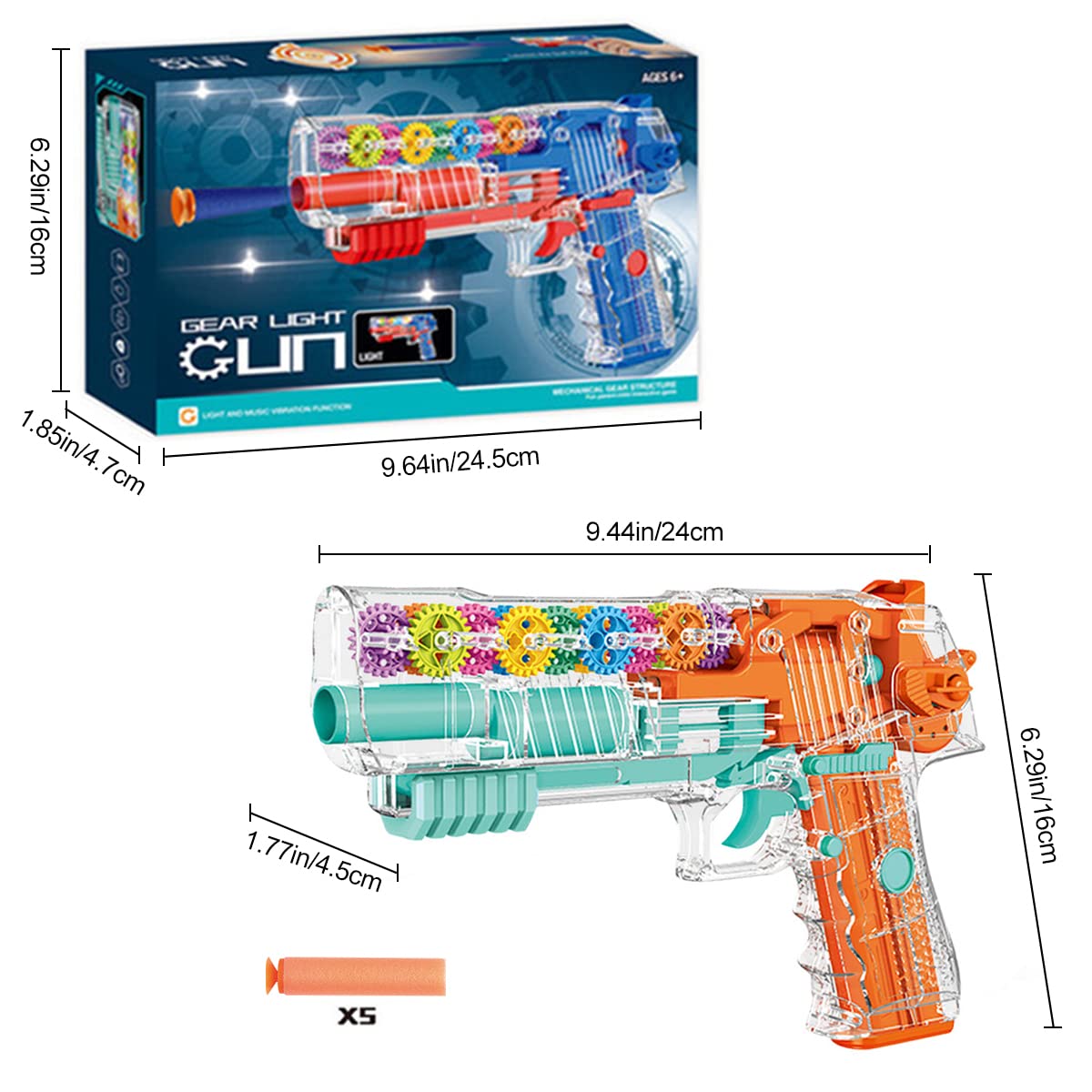 PATPAT Musical Toys for Kids,Transparent 3D Gear Simulation Mechanical Gun Toys with 5pcs Soft Ammunition,LED Flashing Lights and Sound Toys for Kids Boys Girls,Birthday Christmas Gift - Orange