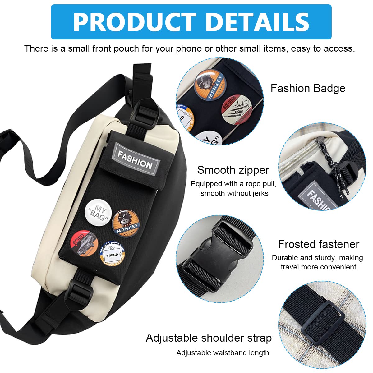 GUSTAVE Waist Bags for Men Women with 4 Badges and Adjustable Strap, Waterproof Bumbag Creative Stylish Sport Chest Bag Waist Pack for Hiking Travel Camping Running Sports Outdoors