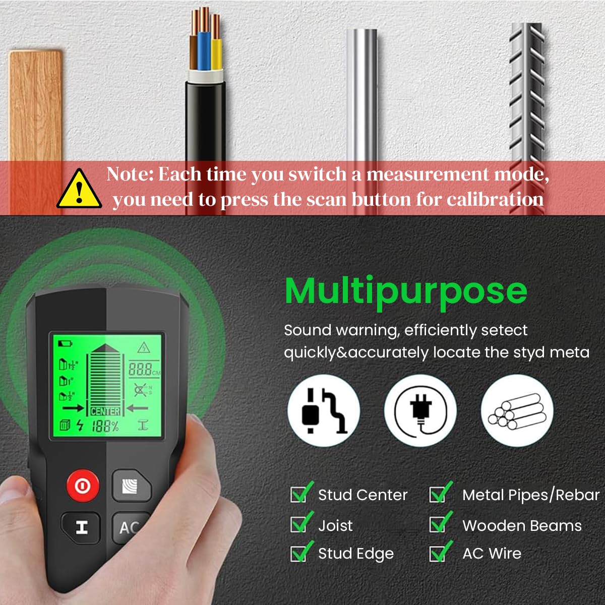 Serplex 5 in 1 Stud Finder Wall Scanner Smart Stud Sensor with LCD Display & AC Wire Warning Metal Detector on Wall Precisely Locating Metal, Wood, AC Wire, Studs, No Battery