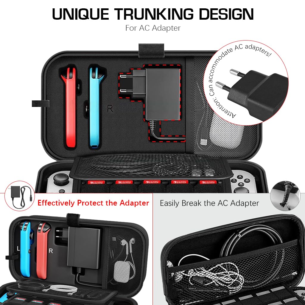ZORBES Travel Bag for Switch/Switch OLED, EVA Hard Shell Travel Bag with Handle 20 Game Cassette Slots Design Accessories Bag for Game Pad, Joycon Controller, Charger & Cable, Earphones, Only Case