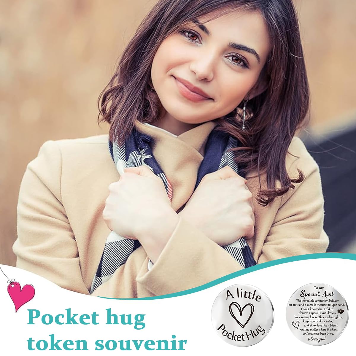 PATPAT Pocket Hug Token Keychains, Long Distance Relationship Gifts Stainless Steel Double Sided Inspirational Gift with PU Leather Keychain, Gift for Husband