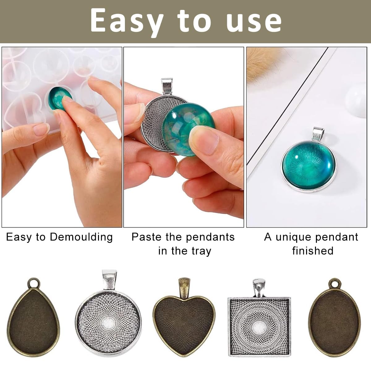 HASTHIP 35Pcs Resin Molds Set Pendant Trays DIY Jewelry Making Resin Molds Set, 7 Styles Metal Pendant Backs and 1 Pc Silicone Epoxy Jewelry Casting Molds for Pendant Crafting DIY Jewelry Gift Making