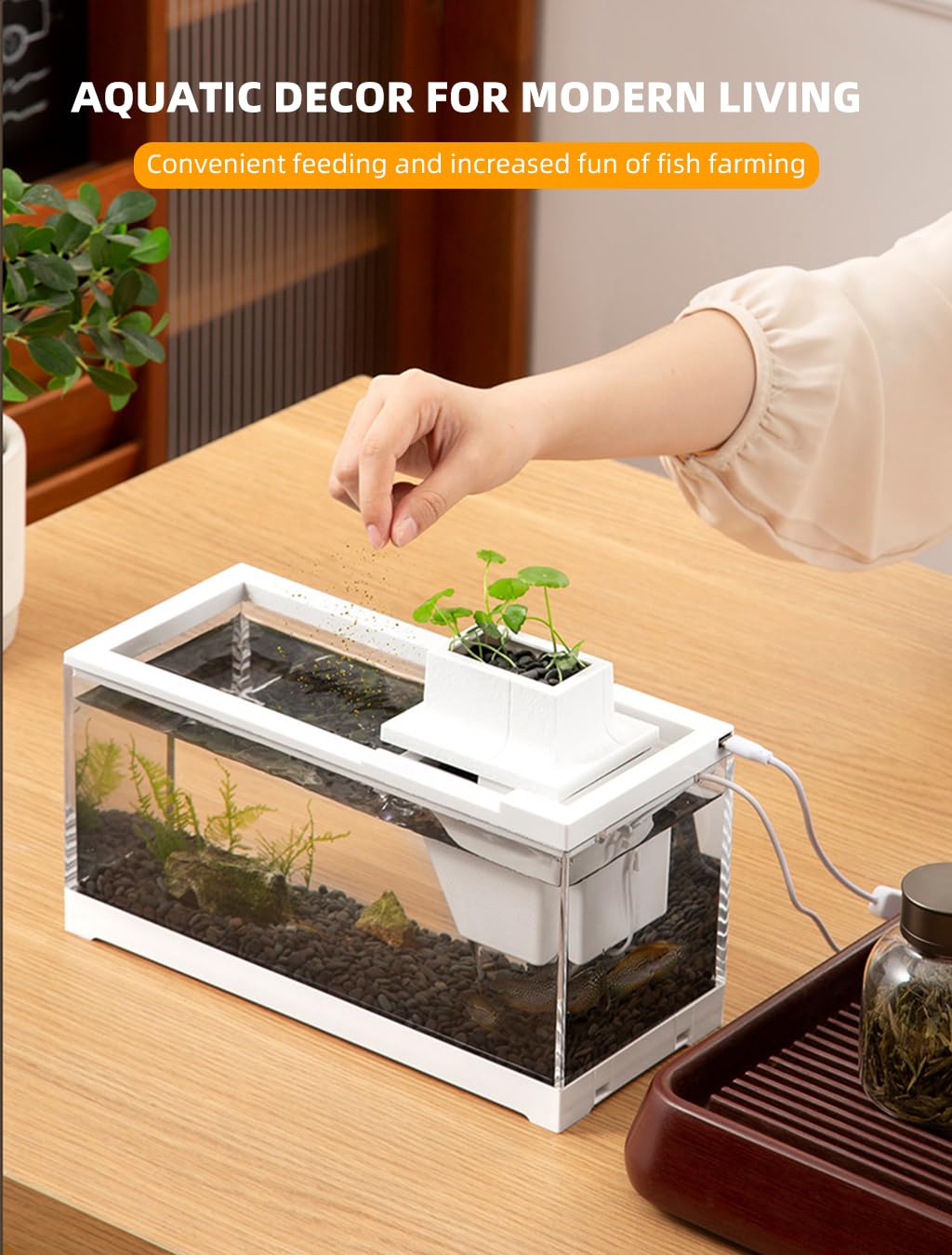 Qpets Mini Desktop Fish Tank with LED, Household Aquarium Betta Fish Tank Open Top Desktop Fish Tank, Small Mute Filter Fish Breeding Box with Air Pump - 30X13X15CM