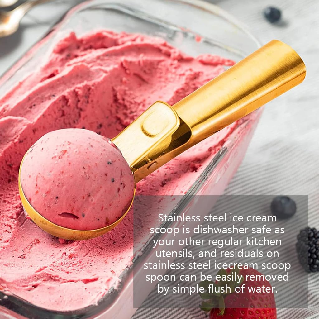HASTHIP Kitchen Scoop Ice Cream Scoop with Trigger-Release Lever 7 inches Golden Stainless Steel Ice Cream Scoop Dishwasher Safe Multipurpose Kitchen Scoop for Ice Cream, Fruit, Dessert