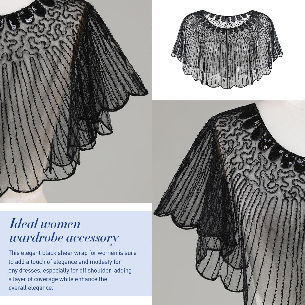 PALAY Lace Shrugs Shawl for Women Stylish Sheer Cape for Women Cover Up Wraps Black Sequin Shawl for Wedding Dress, Off Shoulder Dress, Strapless Dresses