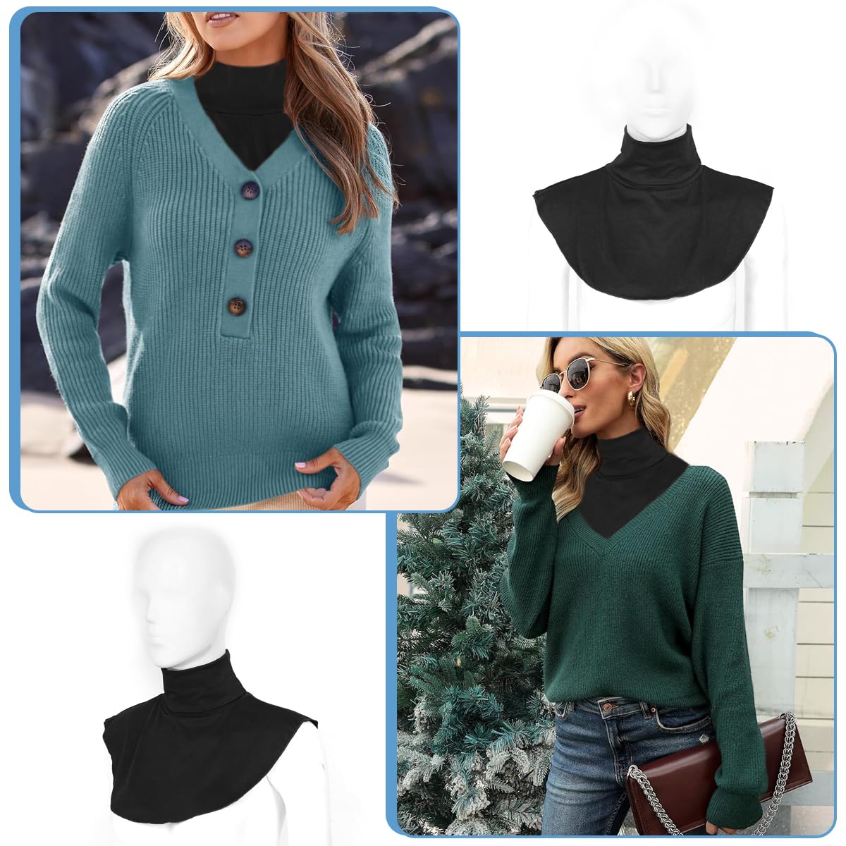 PALAY Fake Turtleneck Dickey Collar for Women Detachable Half Top Fake Collars Winter Soft High Neck Mock False Collar for Hoodie, Sweater, Cardigans - Black