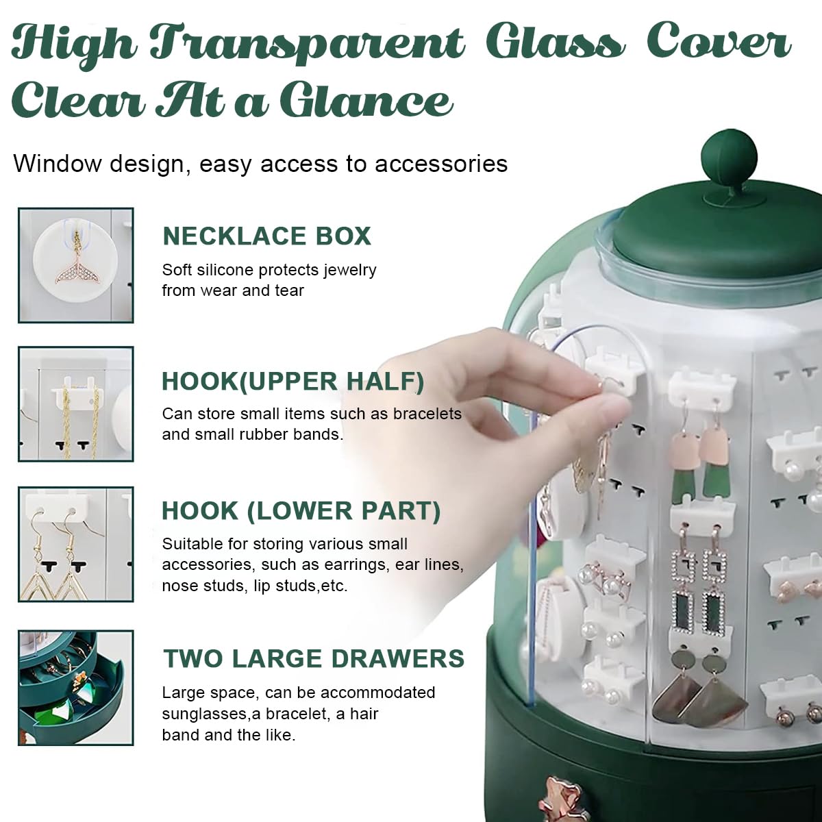 HANNEA 3-in-1 Jewelry Organizer 360° Display Earring Organizer for Mother's Day Girls Valentine Gift, Jewelry Box Built-in 5-Layer Rotatable Jewelry Organizer Box Storage