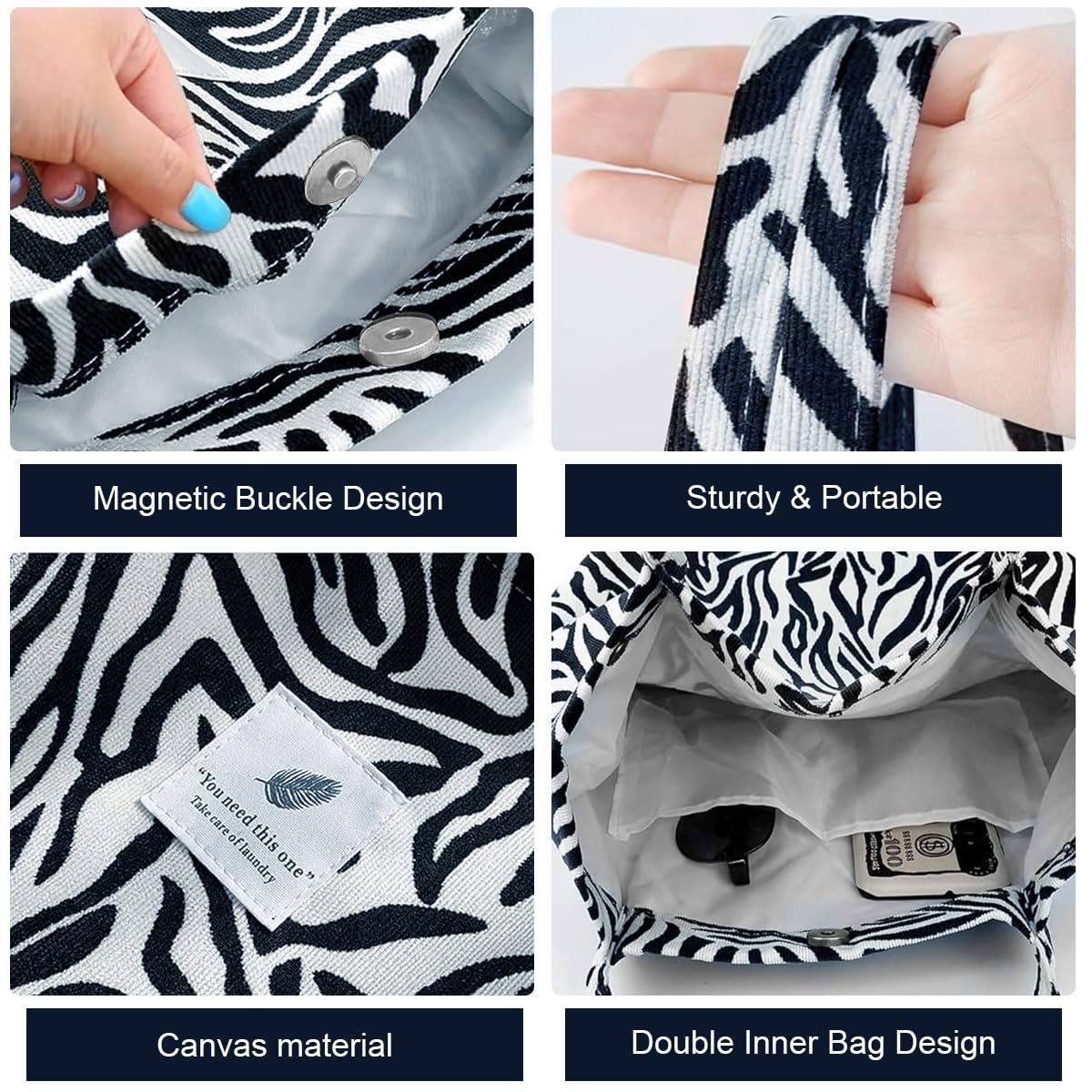 PALAY Tote Bag Corduroy Fashion Zebra-stripe Print Color Hand Bag for Women Shoulder Bag for Shopping, Commuting, Shopping Bag, Large Grocery Bag