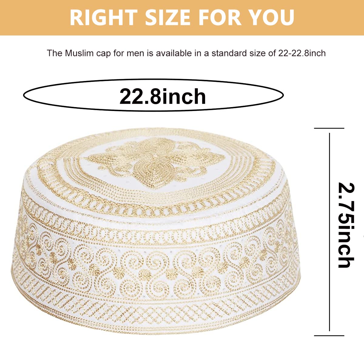 GUSTAVE Muslim Cap for Men Muslim Top Hat Traditional Worship Hat Embroidered Muslim Cap for Men, Size M, Beige