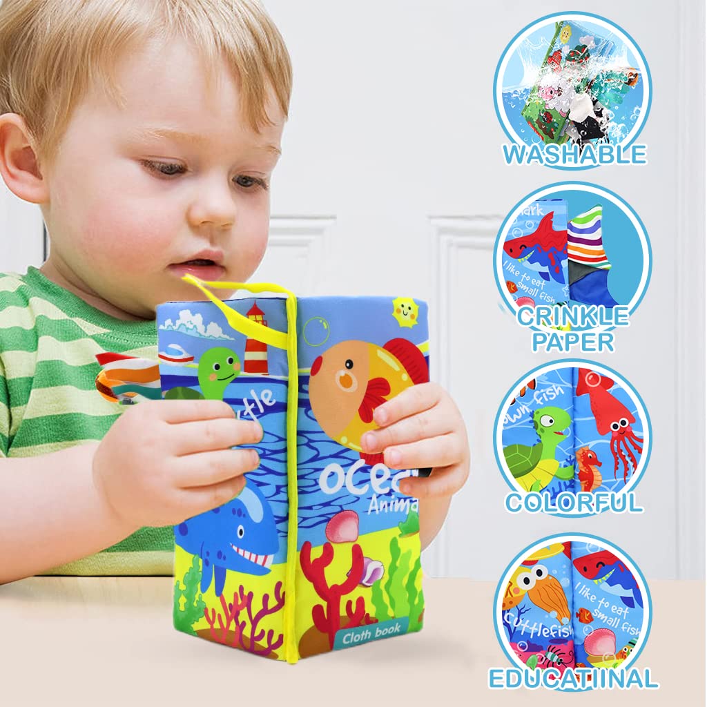 PATPAT Cloth Books for Babies, 3D Baby Cloth Book, Cute Ocean Animal Theme Soft Cloth Books, 6 Pages Early Development Baby Cloth Book for Baby Toddler 3-18 Months (Ocean Animals Cloth Book)