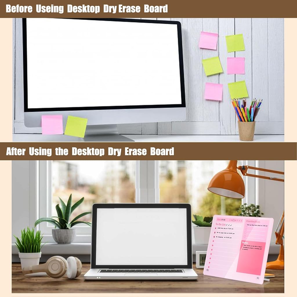 OFIFO® Compact Desktop Dry Erase Board - 12x10 Inch Thickened Acrylic Task Planner with Stand, Space-Saving Pink Memo Board for Home Study & Office Work-Pink