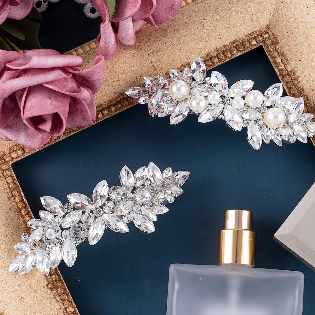 MAYCREATE 2pcs Rhinestone Hair Clips for Women Stylish Pearl Crystal Hair Pins, Silver Bridal Bun Hair Accessories for Daily, Party, Wedding