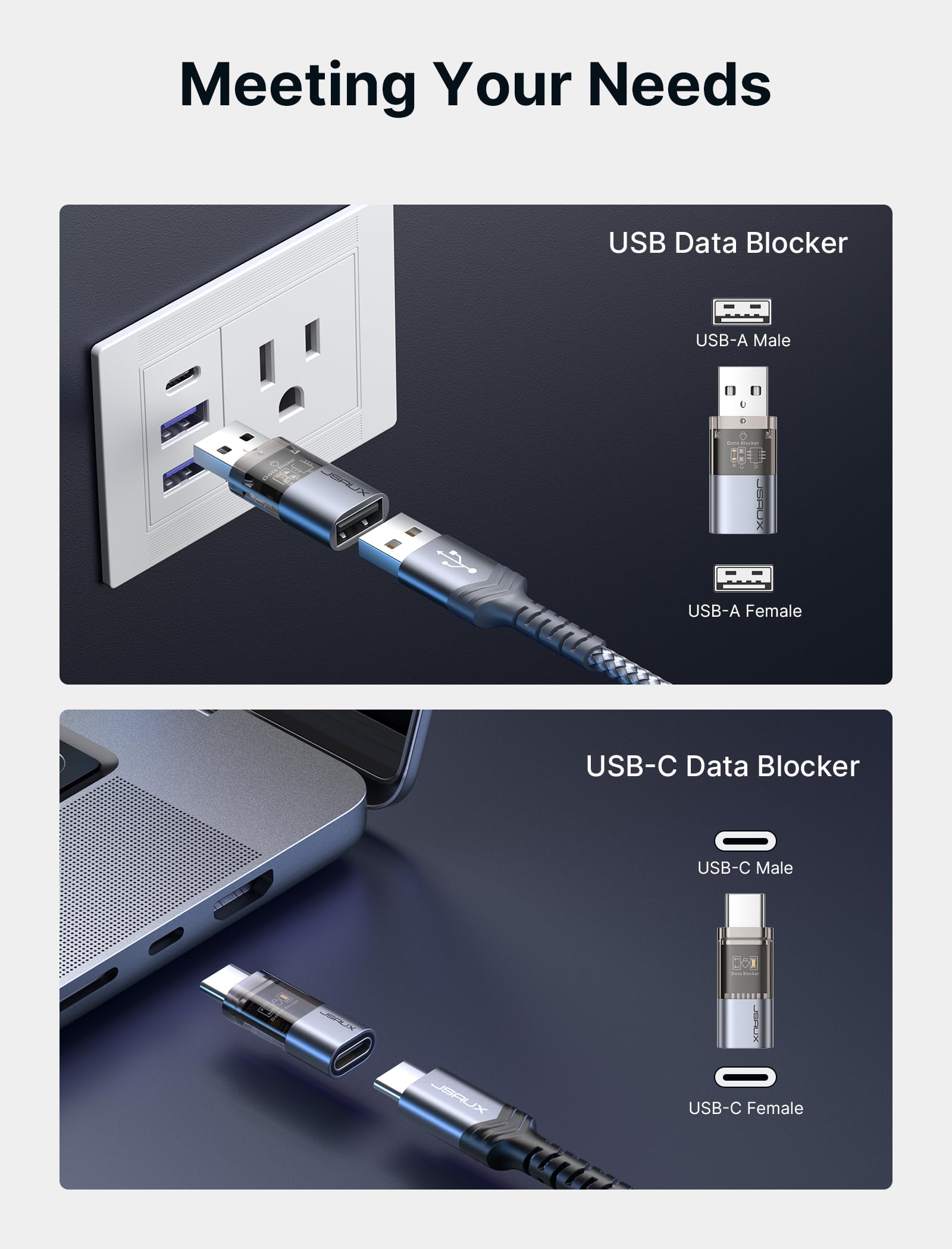 JSAUX USB Data Blocker & USB C Data Blocker (4-Pack), Transparent USB-A to USB-A & USB-C to USB-C Data Blocker Only for Charge, Protect Against Juice Jacking, Refuse Hacking Provide Safe