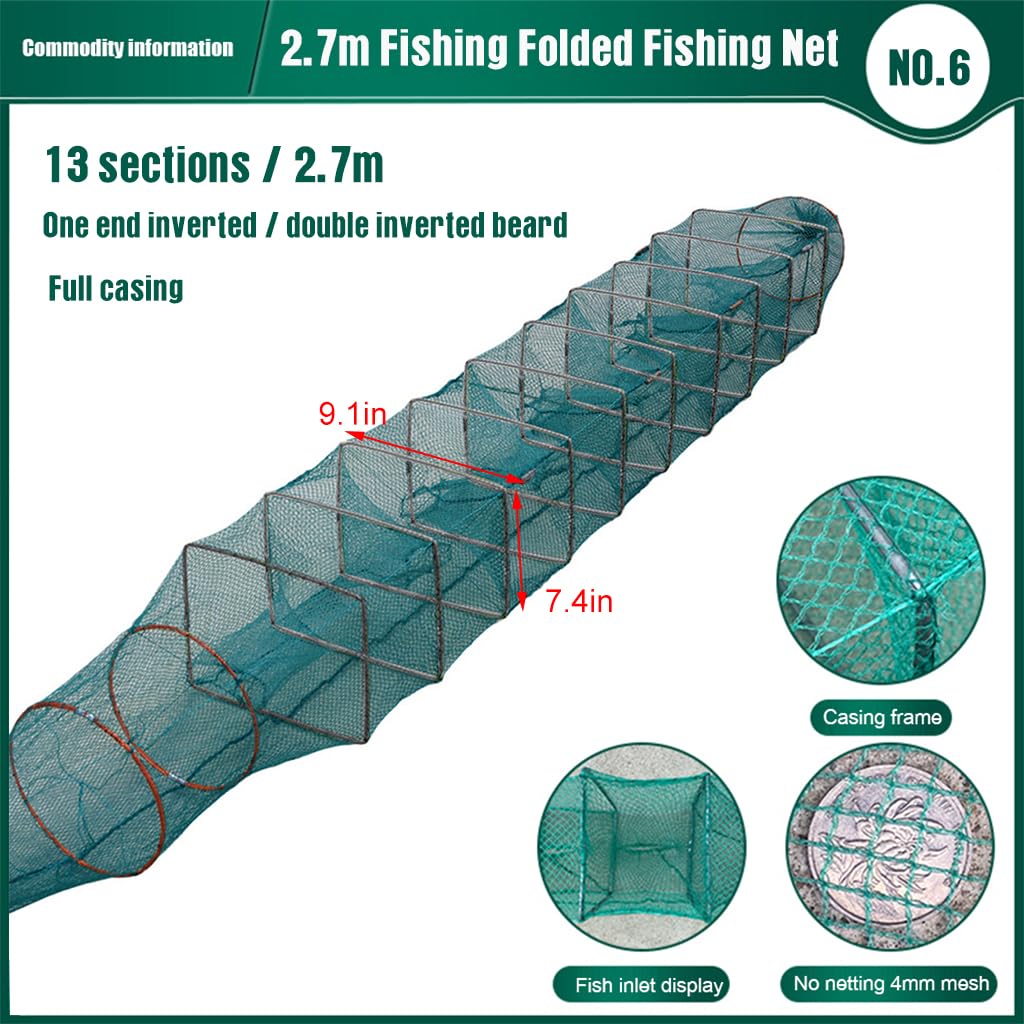 Proberos 2.7m Foldable Fishing Net, Fish Net for Catching, Portable Trap for Shrimp Lobster Crayfish Crab Baits, Minnow Trap