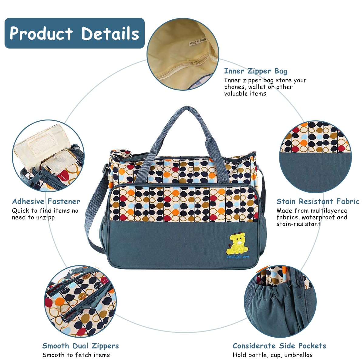 SNOWIE SOFT 5Pcs Motherly Diaper Bag Set Multi-purpose Baby Diaper Bags for Mom for Travel Diaper Bags for Mothers Carry Baby Bags with Water Bottle Bag, Bento Bag, Diaper Change Pad Baby Shower Gift