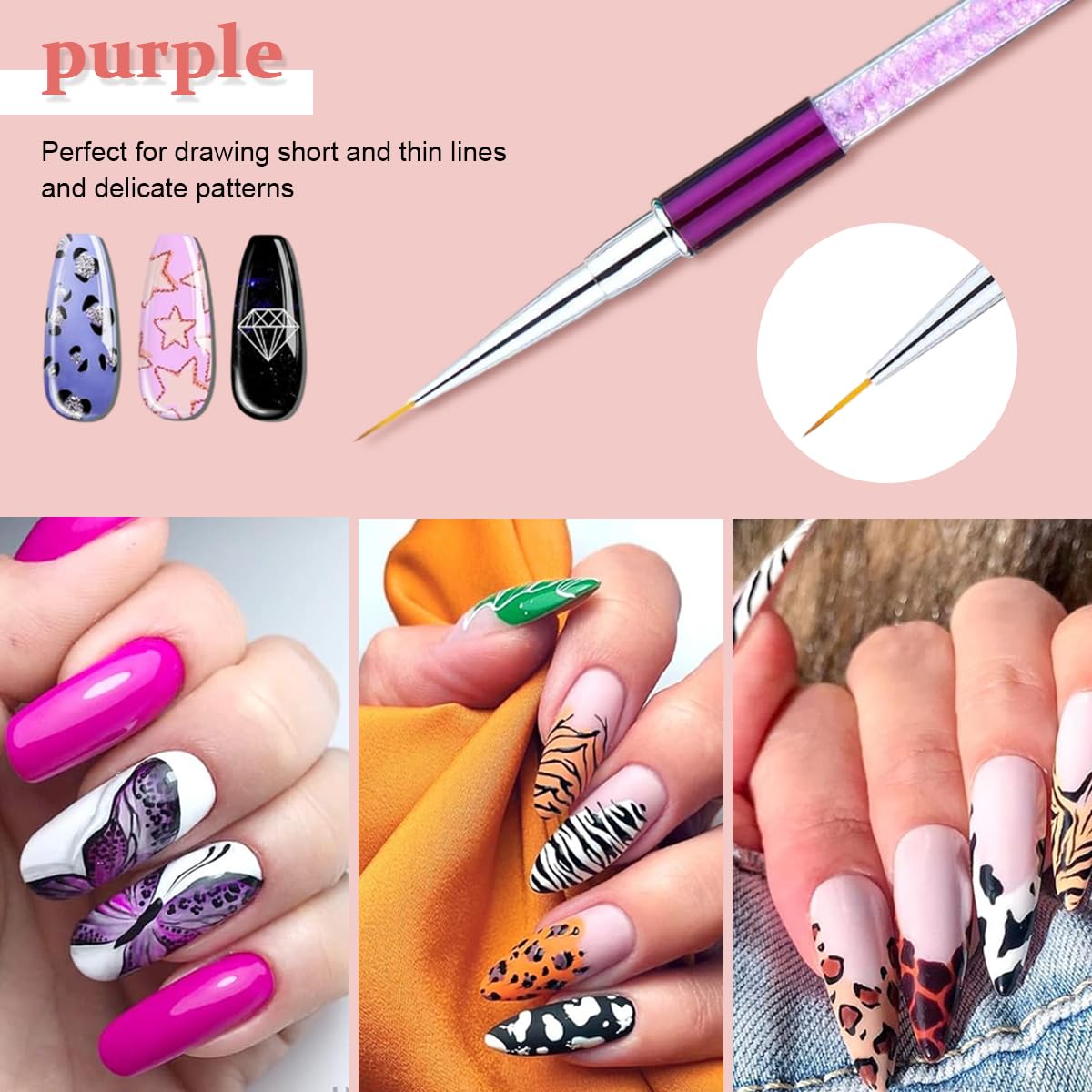 MAYCREATE 5 Pack Nail Art Brush Set, 3D Nail Liner Painting Brushes Pen DIY Dotting Drawing Manicure Tool with Rhinestone Handles, for Salon or Home Use, 7 9 11 14 19mm
