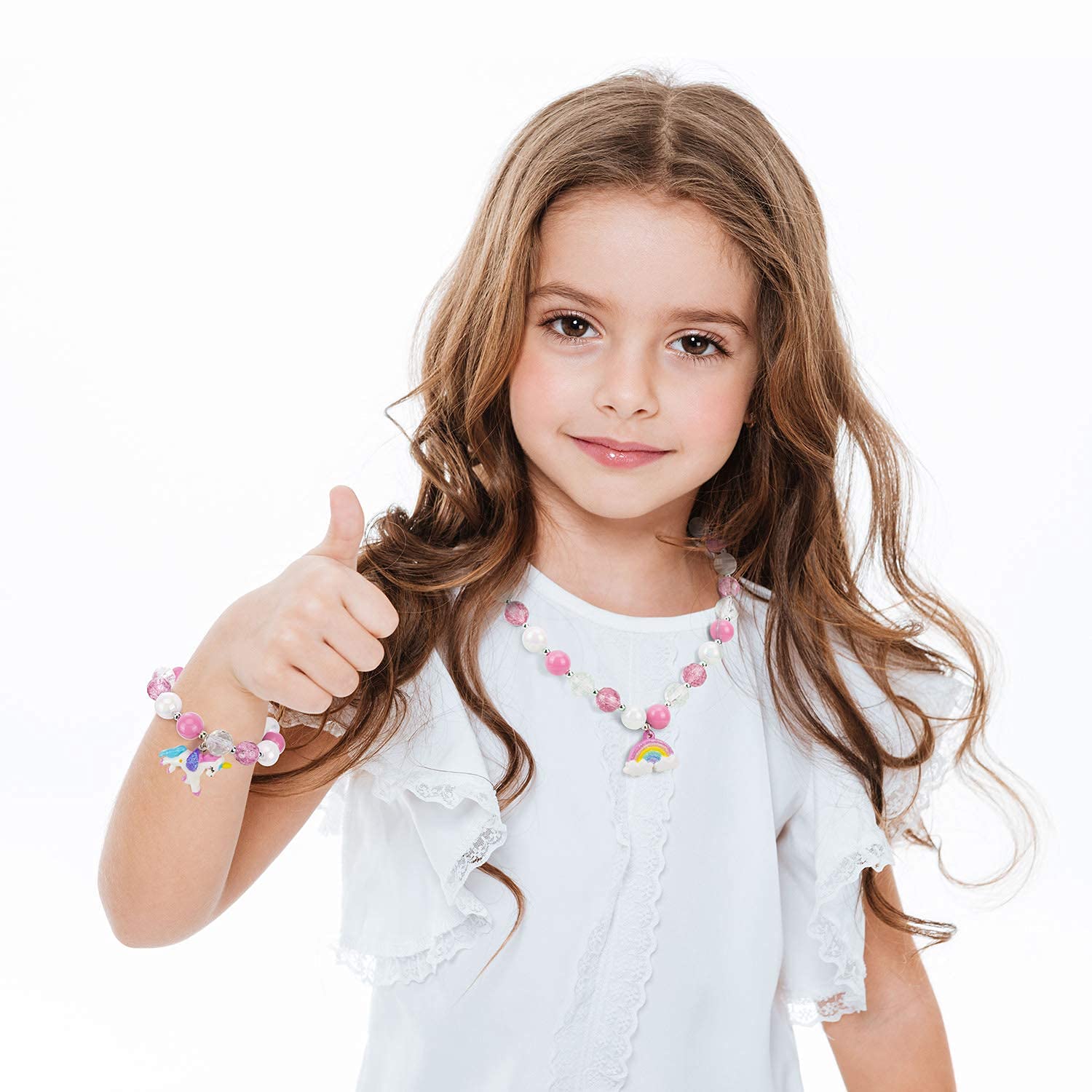 PALAY Girls' Unicorn Beads Bracelet Necklaces Rainbow Set(1 Necklace & 1 Bracelet): Unicorn Jewellery Birthday Gift Great Costume Jewelry for Children Girls and Dress Up-Pink