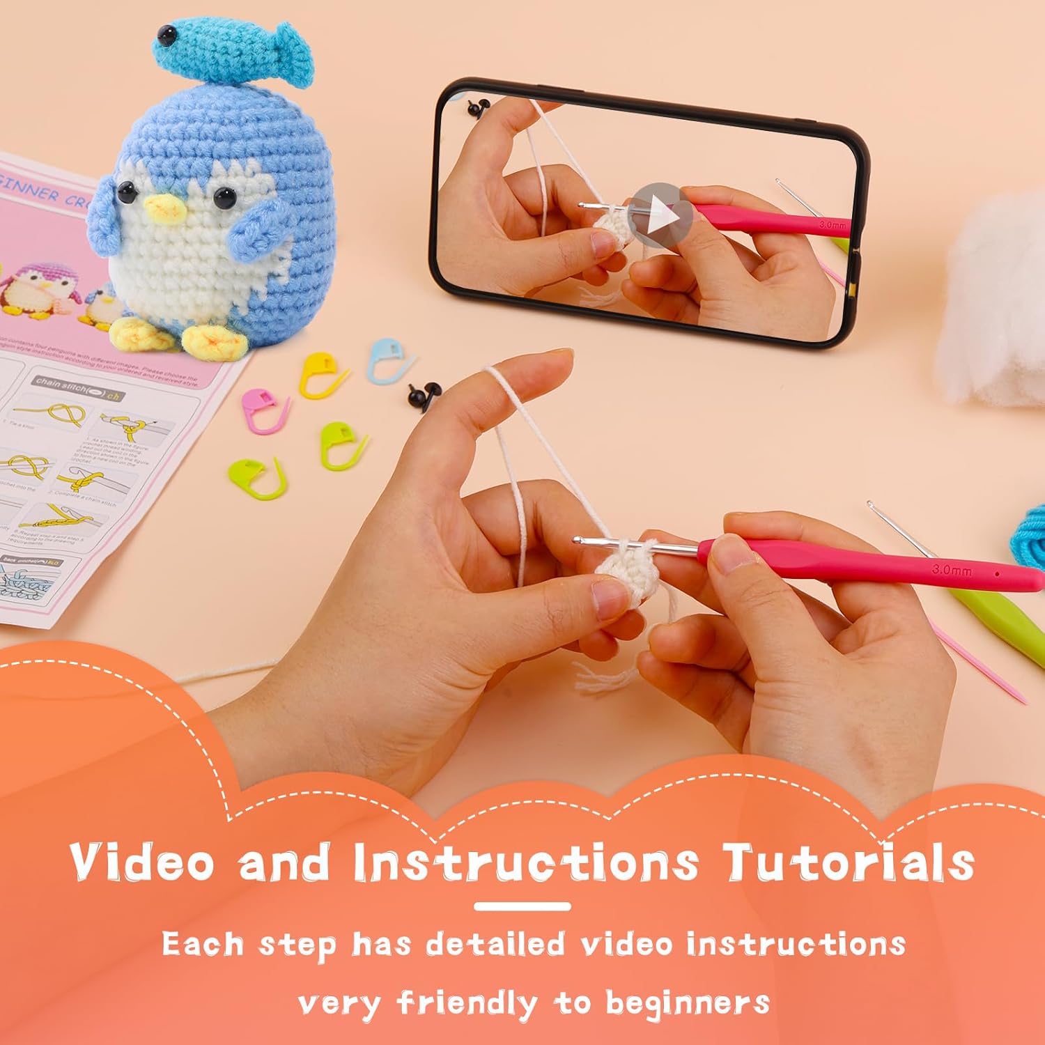 PATPAT DIY Crochet Art Kit Cute Stuffed Penguin Crochet Toy Material Kit Beginners DIY Crochet Kit with Crochet Needles, Yarns, Instruction, DIY Crochet Gift Birthday Gift Car Interior Decor