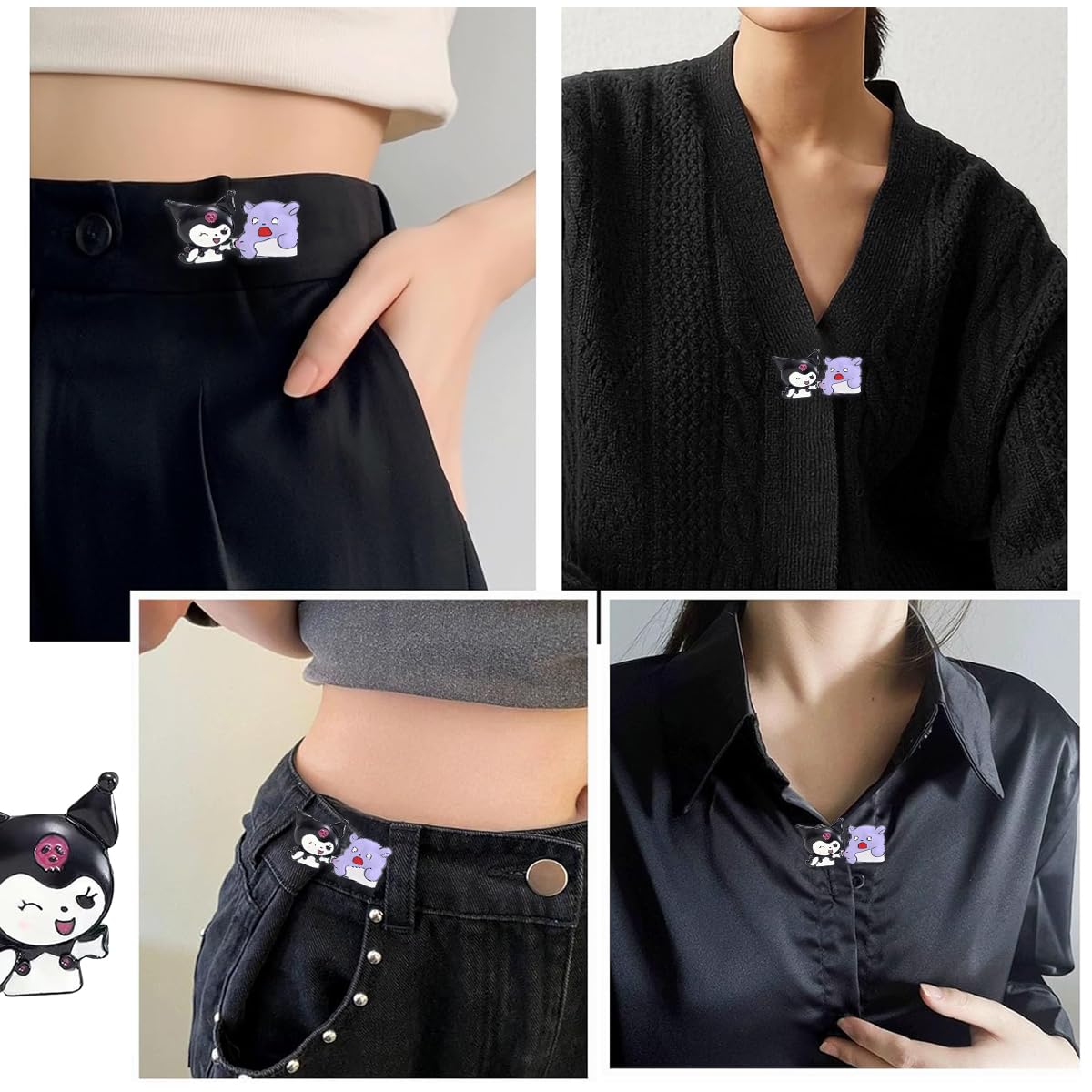SANNIDHI 2 Pairs Jeans Tightening Clip, Kuromi Pants Clips Jeans Adjustable Button Pins, Adjustable Waist Buckle for Women Girls, Jeans Hooks for Waist Fit Loose Jeans Adjuster for Trousers, Skirts