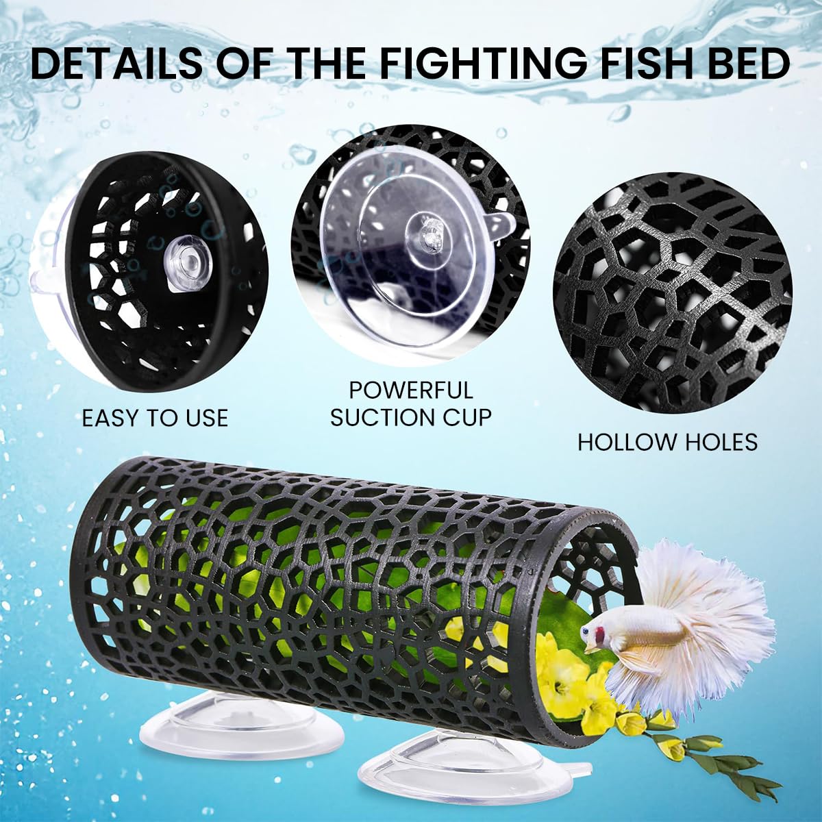 Qpets Betta Fish Tank Accessories Decoration with Suction Cup, Fish Hide Cave Tunnel Plastic Mesh Fish Tank Landscape Decoration Ornament - 2Pcs